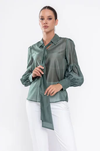 Bluză cu mâneci bufante și eșarfă verde B4534