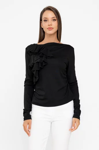 Bluză cu volan cascadă neagră BKC0805