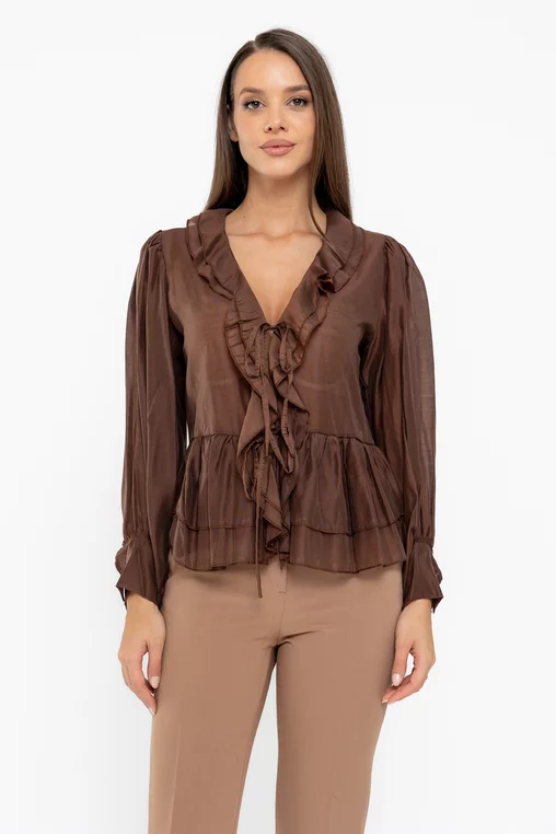Bluză cu volane maro BLA1003 thumbnail picture - 