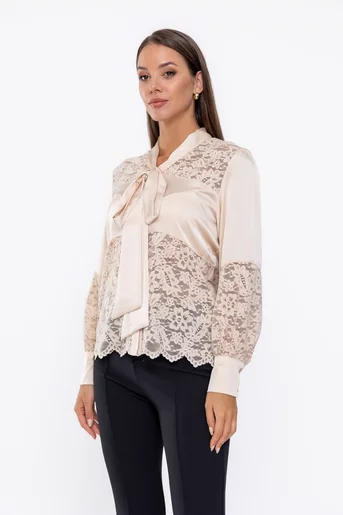 Bluză elegantă cu inseție dantelă bej BKA0902