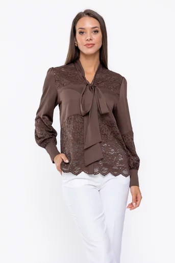 Bluză elegantă cu inseție dantelă maro BKA0902