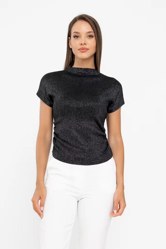 Bluză elegantă cu pliuri laterale neagră BVA60201