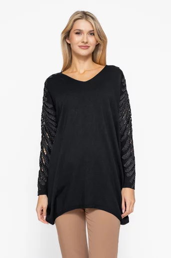 Bluză lejeră cu frunză decorativă pe mâneci neagră BLA1011