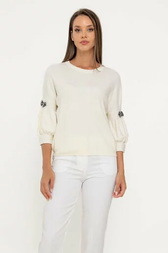 Bluză tricotată ivory cu mâneci bufante și accesoriu BSU0803