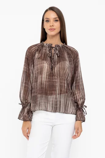 Bluză voal imprimat cu șnur maro BKC1005