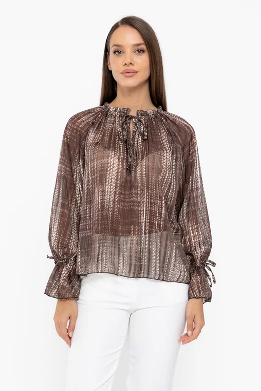 Bluză voal imprimat cu șnur maro BKC1005 thumbnail picture - 