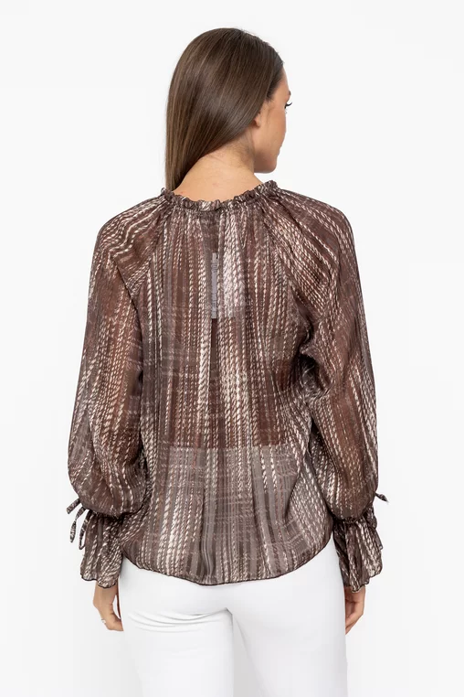 Bluză voal imprimat cu șnur maro BKC1005 thumbnail picture - 