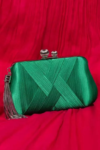 Clutch satinat cu benzi decorative verde A10232