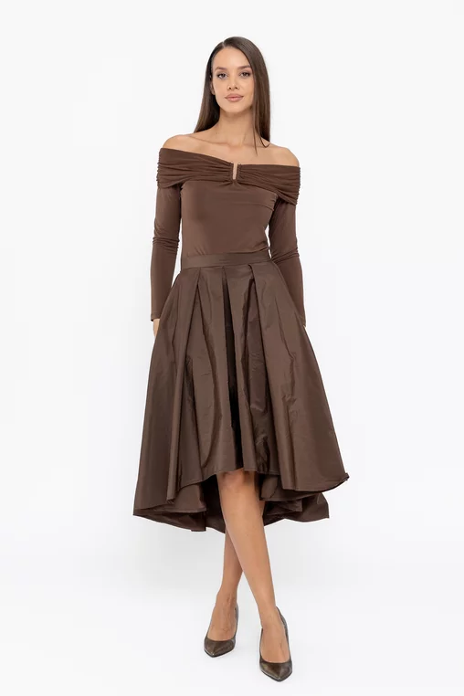 Fustă Caramel elegantă din tafta cu croială asimetrică maro F3514 thumbnail picture - 
