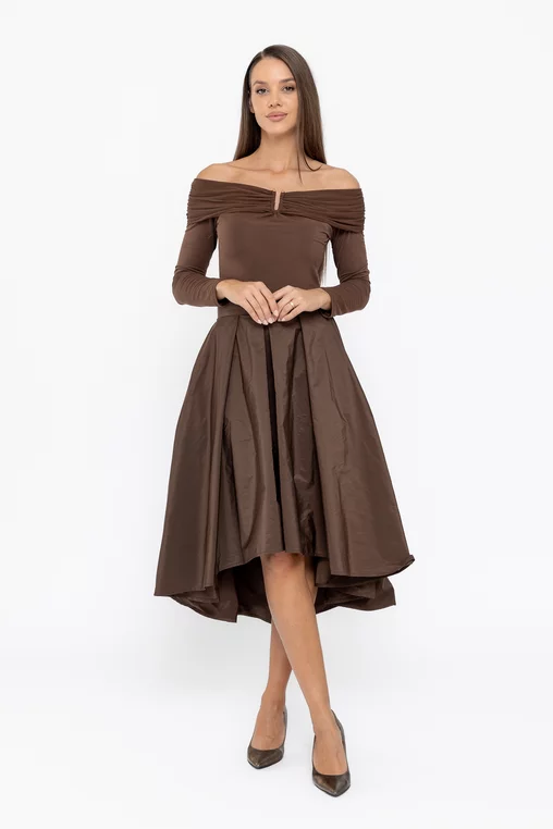 Fustă Caramel elegantă din tafta cu croială asimetrică maro F3514 thumbnail picture - 