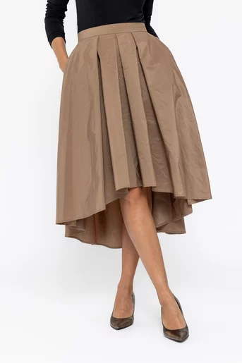Fustă Caramel elegantă din tafta cu croială asimetrică mocha F3514