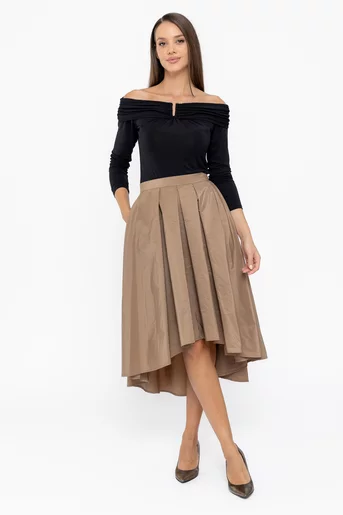Fustă Caramel elegantă din tafta cu croială asimetrică mocha F3514