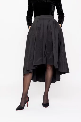 Fustă Caramel elegantă din tafta cu croială asimetrică neagră F3514