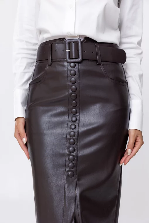 Fustă conică piele ecologică cu nasturi si curea maro FKA0901 thumbnail picture - 