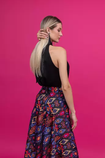 Fusta midi din satin imprimeu multicolor F3306