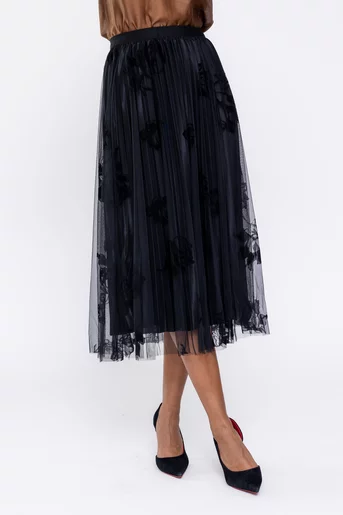 Fustă midi din tulle cu flori neagră FME0901