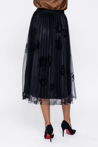 Fustă midi din tulle cu flori neagră FME0901