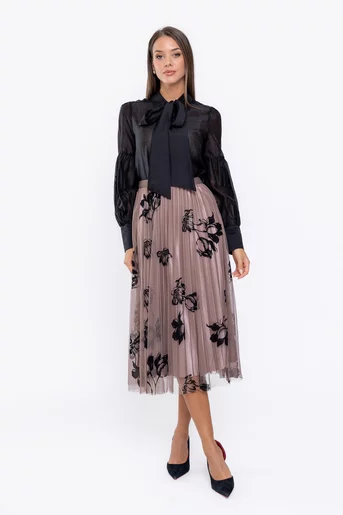 Fustă midi din tulle cu flori taupe FME0901
