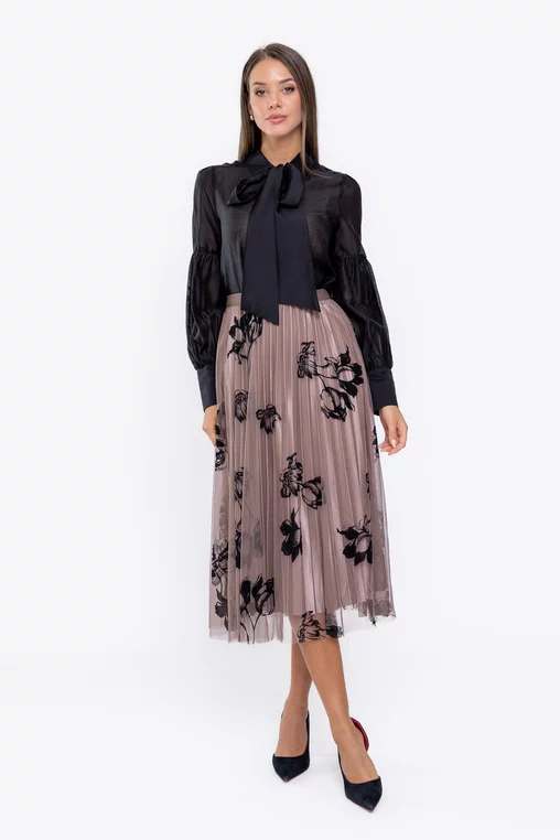 Fustă midi din tulle cu flori taupe FME0901 thumbnail picture - 