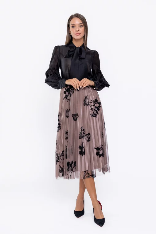 Fustă midi din tulle cu flori taupe FME0901 thumbnail picture - 