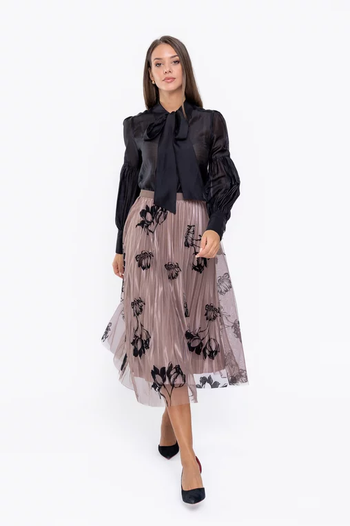 Fustă midi din tulle cu flori taupe FME0901 thumbnail picture - 