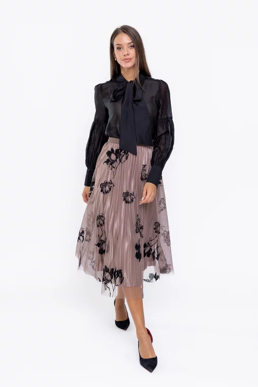 Fustă midi din tulle cu flori taupe FME0901 thumbnail picture - 