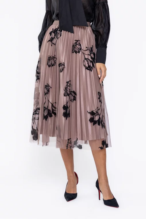 Fustă midi din tulle cu flori taupe FME0901 thumbnail picture - 