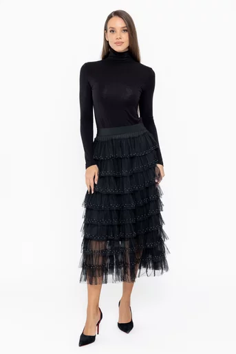 Fustă midi din tulle cu volane neagră  FLA1009