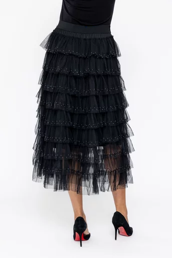 Fustă midi din tulle cu volane neagră  FLA1009