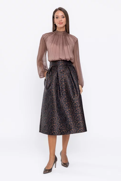 Fustă midi elegantă cu pliuri maro F3513 thumbnail picture - 