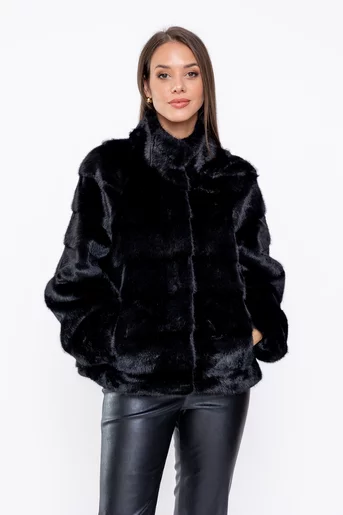 Jachetă elegantă din blană artificială neagră JGK0802