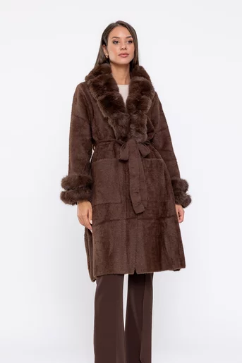 Jachetă lungă decorată cu blană maro JFY0805