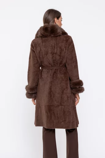 Jachetă lungă decorată cu blană maro JFY0805
