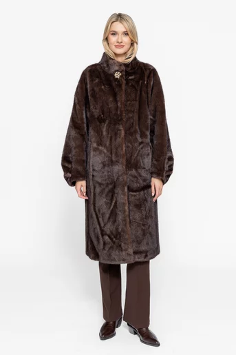 Jachetă midi din blană cu accesoriu maro JGK1002