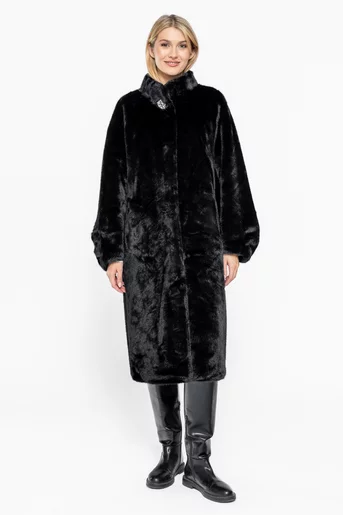 Jachetă midi din blană cu accesoriu neagră JGK1002