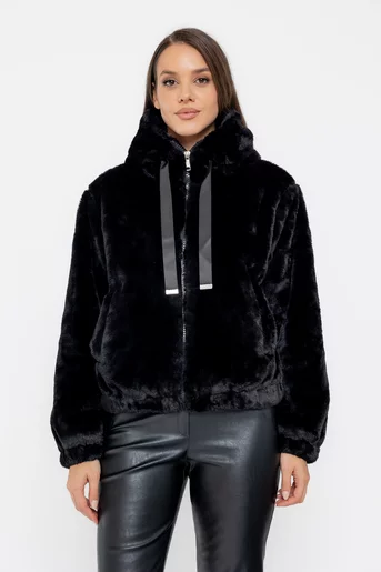Jachetă scurtă din blană cu glugă neagră JFI1003