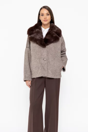 Jachetă scurtă în dungi cu guler blană maro JDP1005