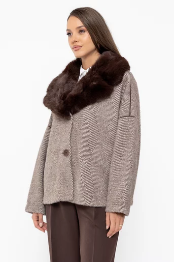 Jachetă scurtă în dungi cu guler blană maro JDP1005