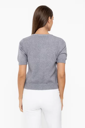 Jerseu tricotat cu mâneci scurte decorat cu perle gri BDP1011