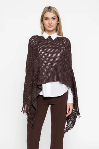 Poncho tricotat cu paiete maro JLA1006
