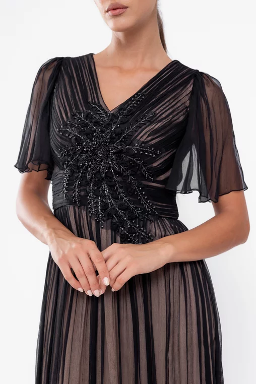 Rochie Caramel elegantă mătase naturală cu aplicație florală neagră R8568 thumbnail picture - 