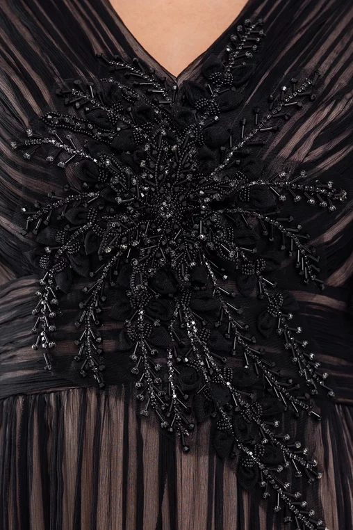 Rochie Caramel elegantă mătase naturală cu aplicație florală neagră R8568 thumbnail picture - 