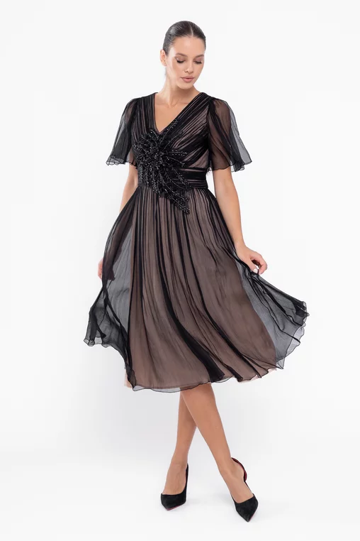 Rochie Caramel elegantă mătase naturală cu aplicație florală neagră R8568 thumbnail picture - 