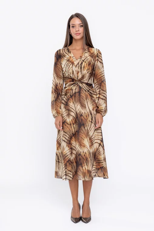 Rochie Caramel midi din voal cu nod in talie muștar R8570 thumbnail picture - 