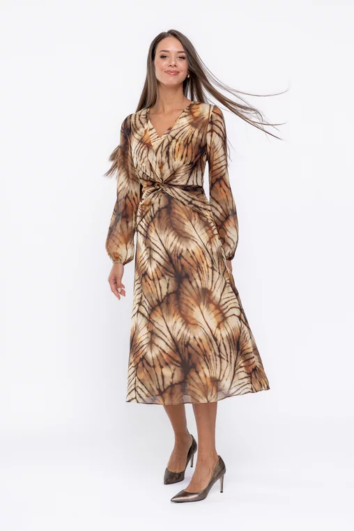 Rochie Caramel midi din voal cu nod in talie muștar R8570 thumbnail picture - 