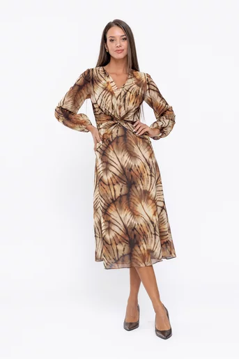 Rochie Caramel midi din voal cu nod in talie muștar R8570