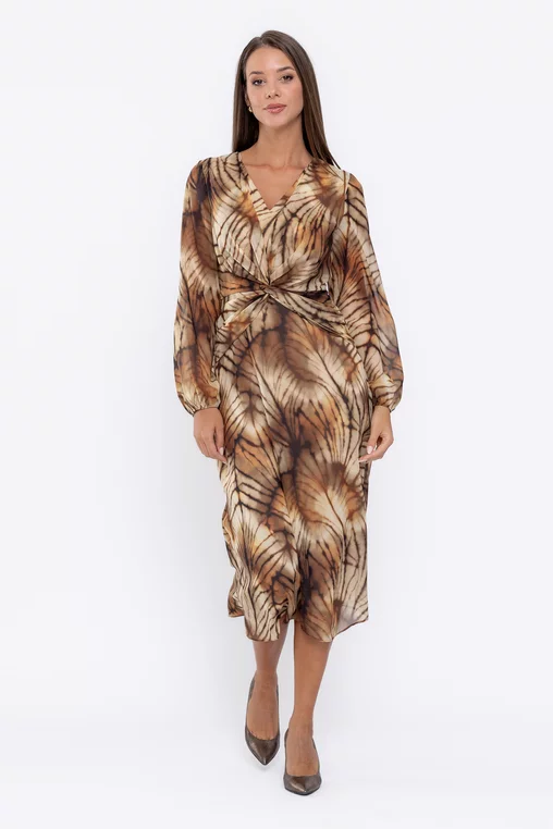 Rochie Caramel midi din voal cu nod in talie muștar R8570 thumbnail picture - 