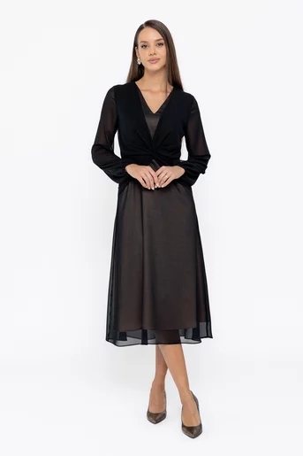 Rochie Caramel midi din voal cu nod in talie neagră R8570