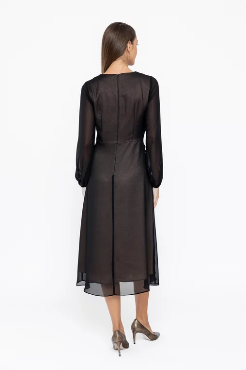 Rochie Caramel midi din voal cu nod in talie neagră R8570 thumbnail picture - 