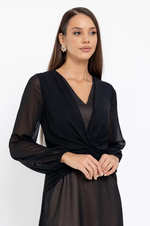 Rochie Caramel midi din voal cu nod in talie neagră R8570 thumbnail picture - 